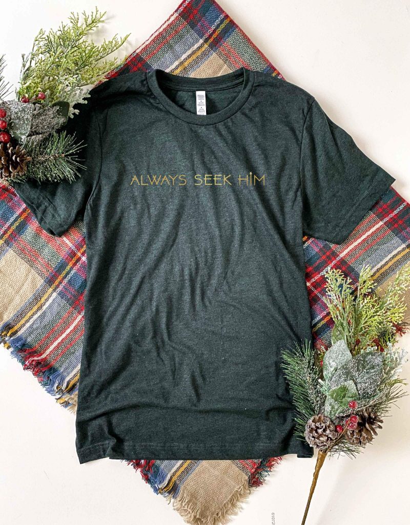 Always Seek Him tee Short sleeve holiday tee Bella Canvas 3001 XS Heather emerald