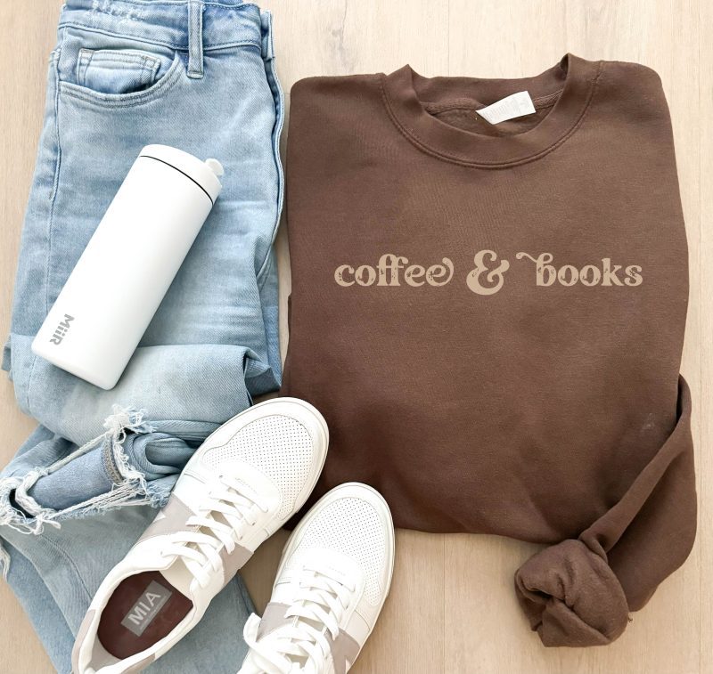 coffee and books fleece sweatshirt book club lane seven premium fleece crew chestnut 941165