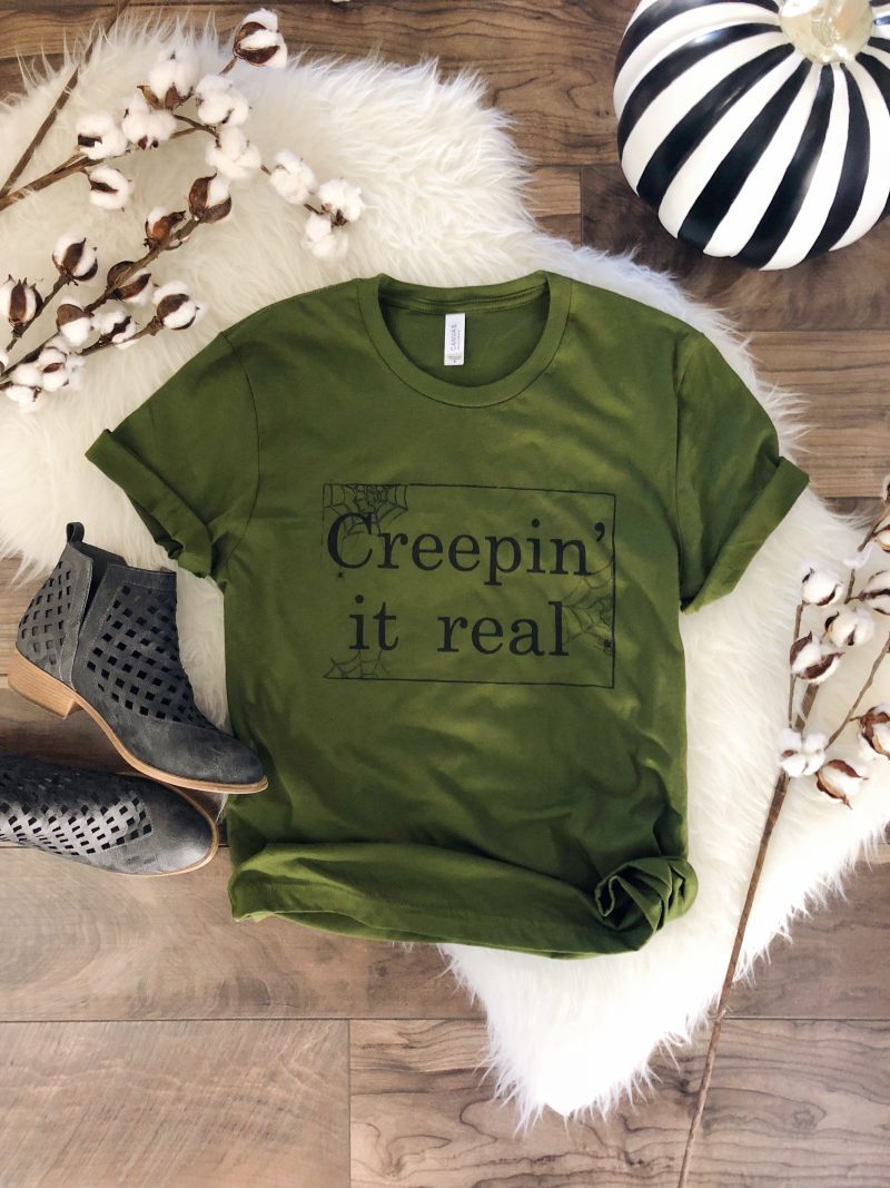 creepin it real kids short sleeve halloween tee bella canvas 3001 olive 540111