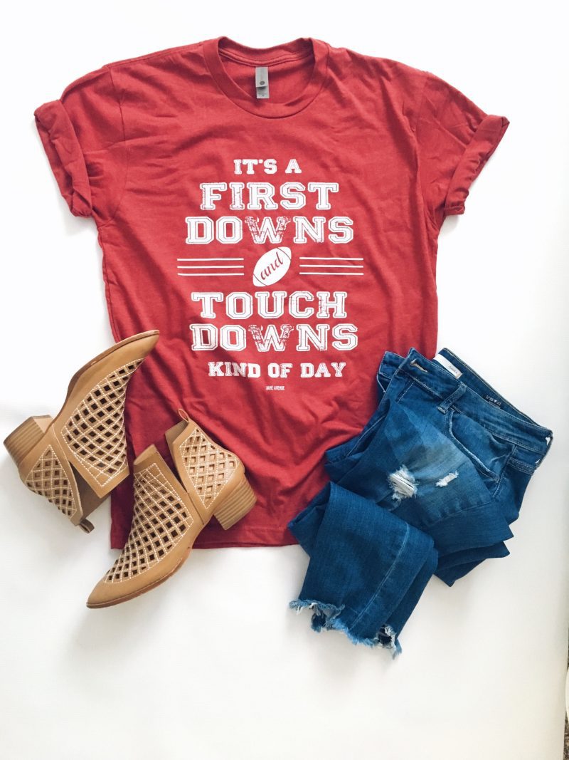 First Downs and Touchdowns Short sleeve football tee Bella canvas and Next Level S Crimson(Alabama)