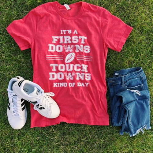 First Downs and Touchdowns Short sleeve football tee Bella canvas and Next Level S Heather red 