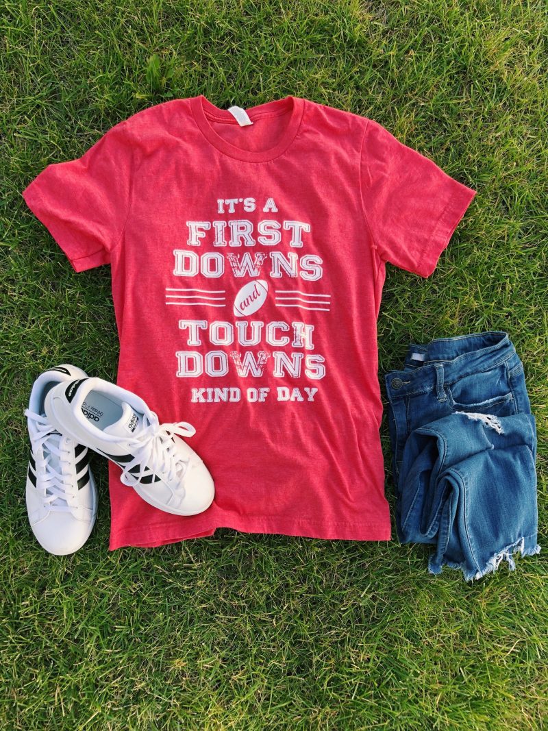 First Downs and Touchdowns Short sleeve football tee Bella canvas and Next Level S Heather red