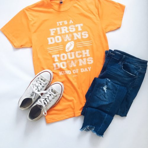 First Downs and Touchdowns Short sleeve football tee Bella canvas and Next Level S Tennesse Orange 