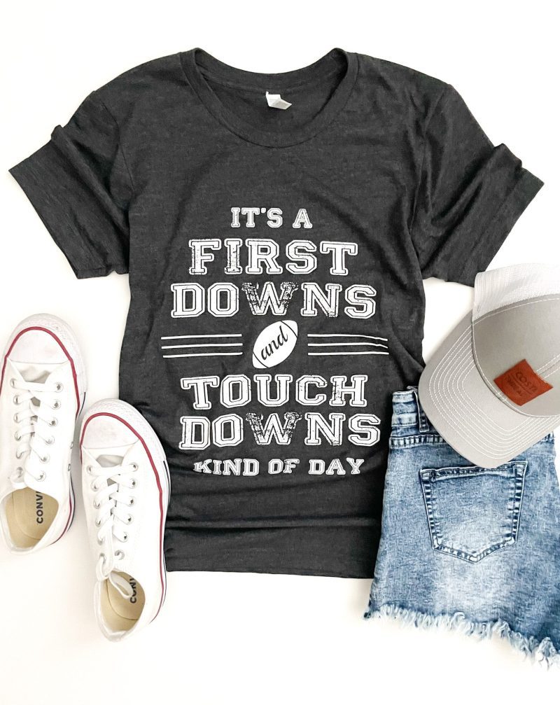 First Downs and Touchdowns tee Short sleeve football tee Bella canvas and Next Level S Charcoal