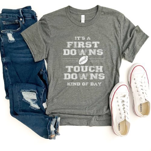 First Downs and Touchdowns tee Short sleeve football tee Bella canvas and Next Level S Heather grey