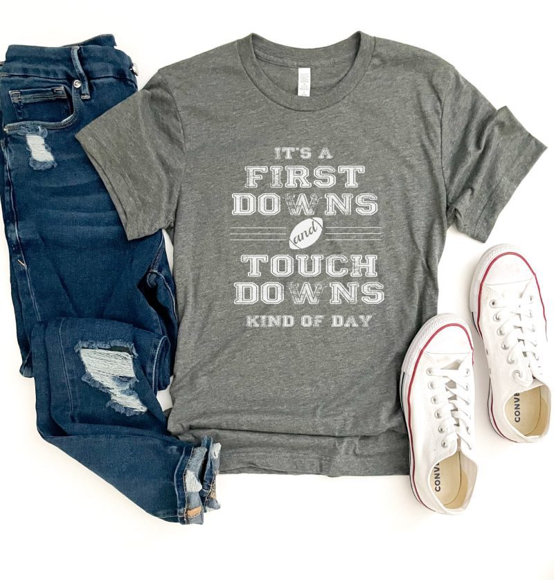 First Downs and Touchdowns tee Short sleeve football tee Bella canvas and Next Level S Heather grey