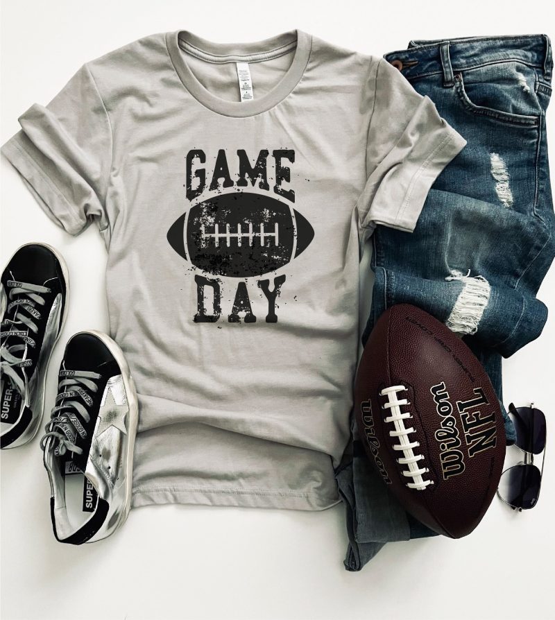 gameday grunge football tee short sleeve football tee bella canvas 3001 cool grey and sand 735435