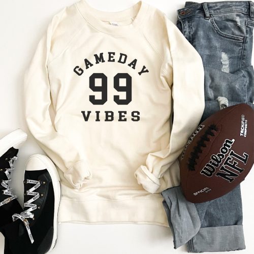 Gameday vibes french terry raglan Football french Terry Lane seven French Terry raglan charcoal XS Cream with black font