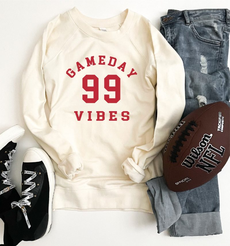 Gameday vibes french terry raglan Football french Terry Lane seven French Terry raglan charcoal XS Cream/crimson font