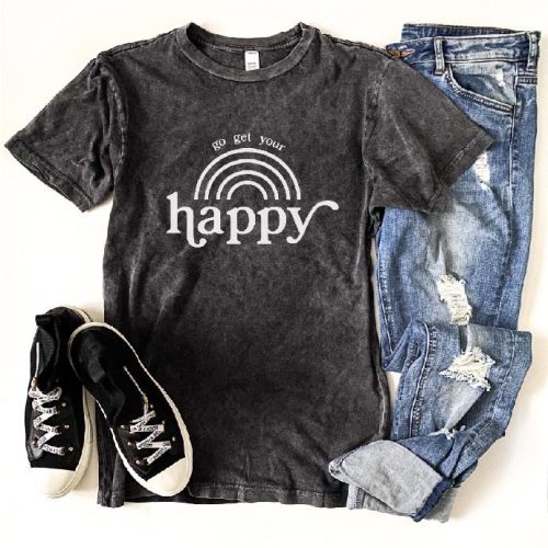 Go get your happy vintage wash tee Short sleeve miscellaneous tee Lane 7 15004 Camel XS Vintage black 