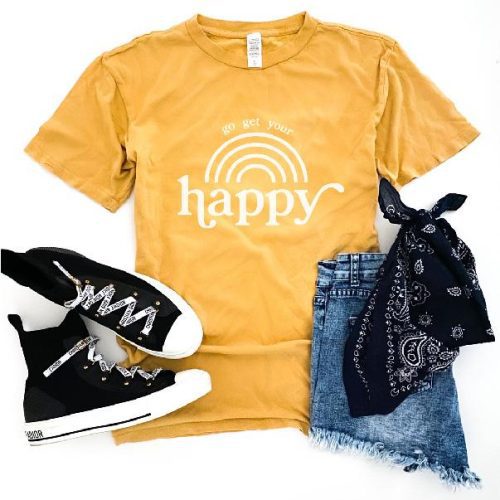 Go get your happy vintage wash tee Short sleeve miscellaneous tee Lane 7 15004 Camel XS Vintage mustard 