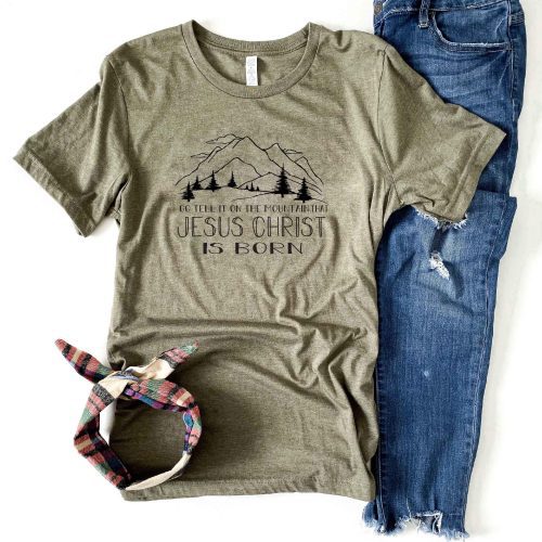 Go tell it on the mountain tee Short sleeve holiday tee Bella Canvas 3001 XS Heather olive