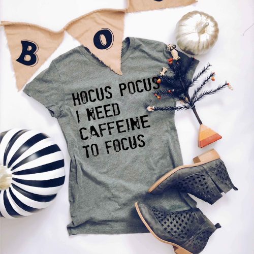 Hocus Pocus I need caffeine to focus- basic tee Short Sleeve halloween tee Anvil 980 S Heather Grey 