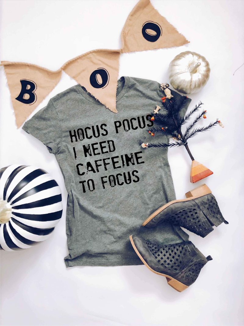 Hocus Pocus I need caffeine to focus- basic tee Short Sleeve halloween tee Anvil 980 S Heather Grey