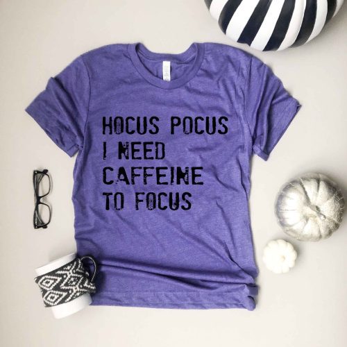 Hocus Pocus I need caffeine to focus- basic tee Short Sleeve halloween tee Anvil 980 S Heather purple 