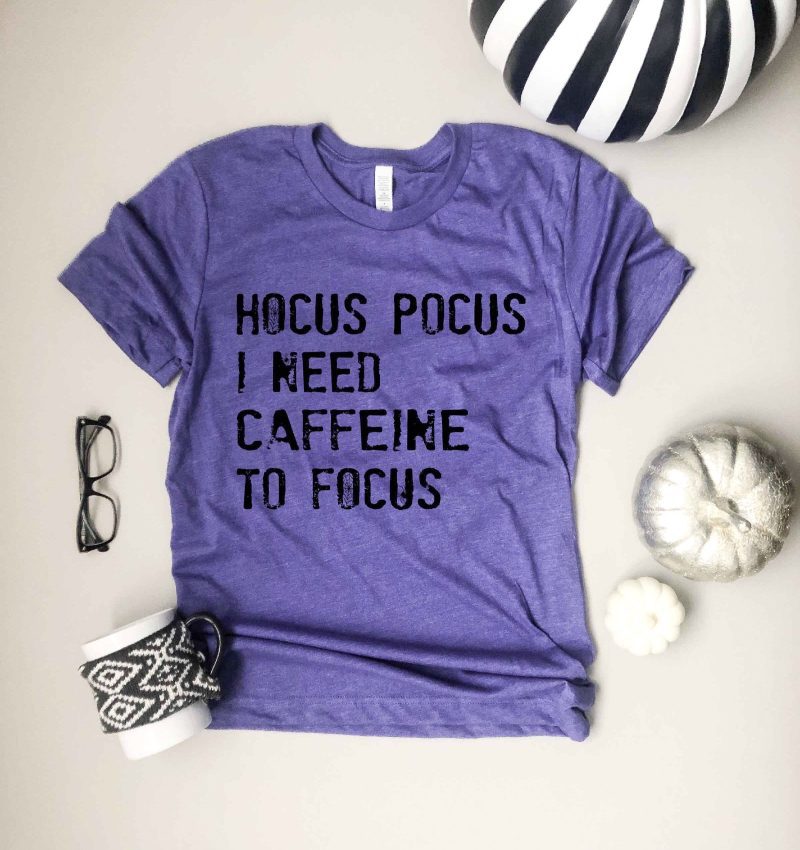 Hocus Pocus I need caffeine to focus- basic tee Short Sleeve halloween tee Anvil 980 S Heather purple