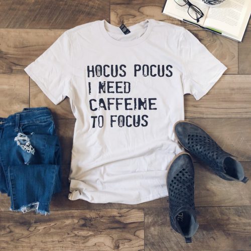 Hocus Pocus I need caffeine to focus- basic tee Short Sleeve halloween tee Anvil 980 S Silver 