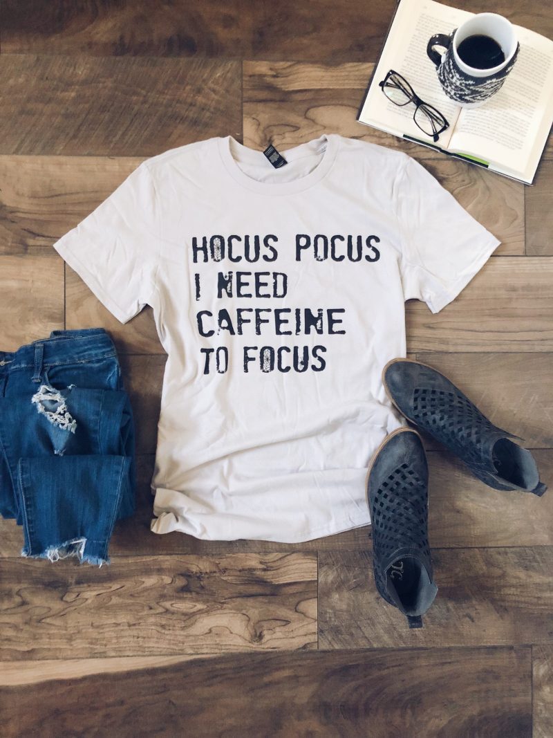 Hocus Pocus I need caffeine to focus- basic tee Short Sleeve halloween tee Anvil 980 S Silver