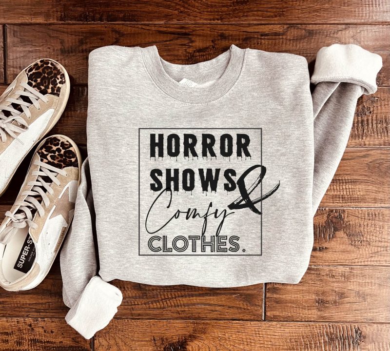 horror shows and comfy clothes fleece sweatshirt halloween sweatshirt lane seven premium fleece crew 631927