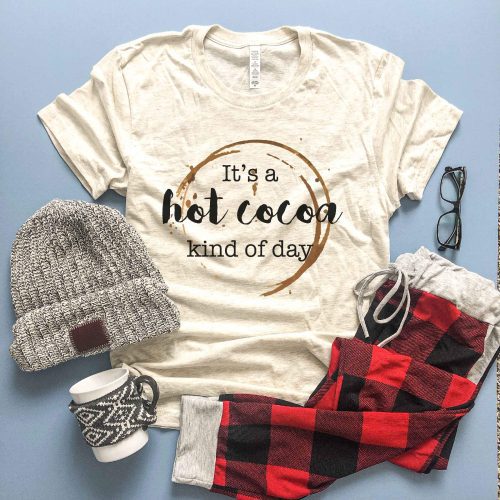 Hot cocoa kind of day tee Short sleeve fall tee Bella Canvas 3001 heather oatmeal