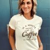 In a minute imma need a cup of coffee tee Short sleeve miscellaneous tee Lane seven premium tee mushroom, bella canvas 3001 vintage white