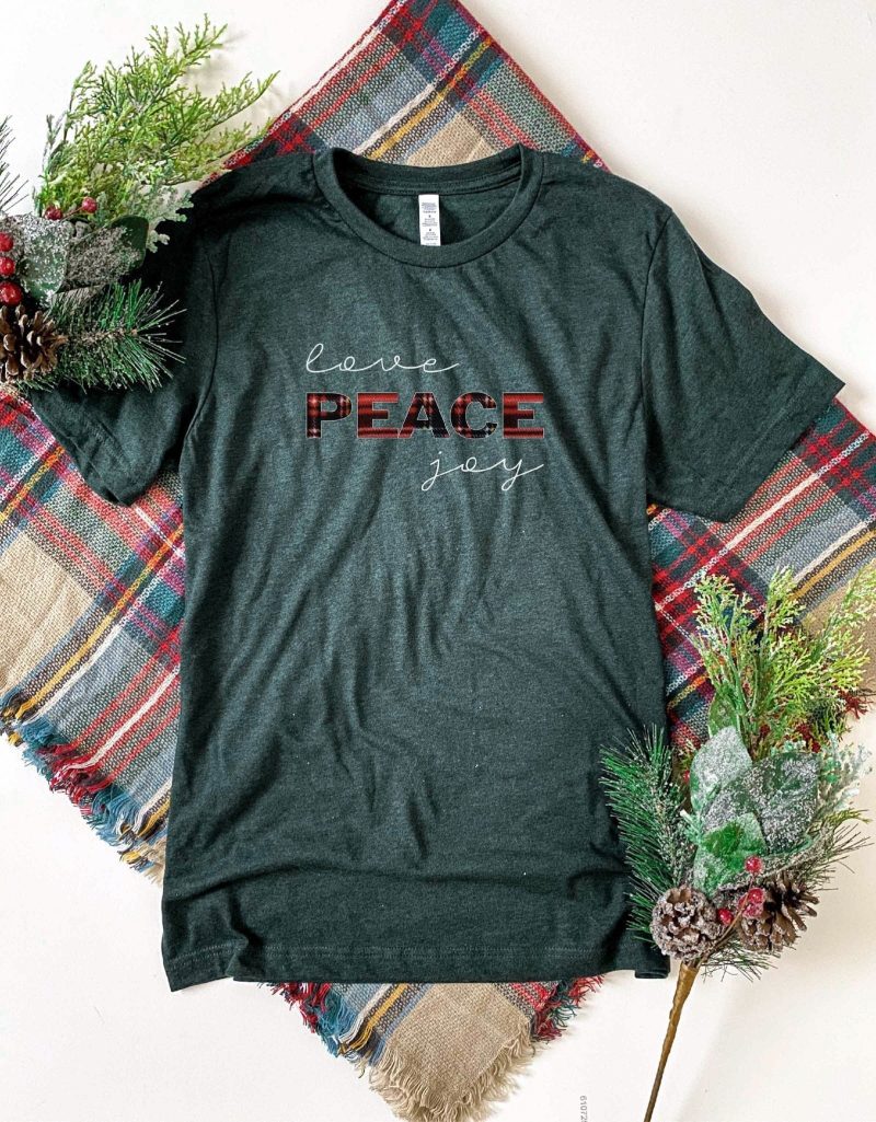 love peace joy tee short sleeve holiday tee bella canvas 3001 dark heather grey 687695