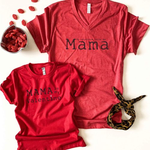 Mama is my valentine kids tee Kids Short sleeve valentines tee Next Level 3310 kids tee heather grey 2t Red