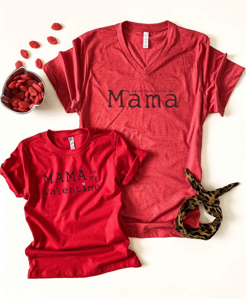 Mama is my valentine kids tee Kids Short sleeve valentines tee Next Level 3310 kids tee heather grey 2t Red