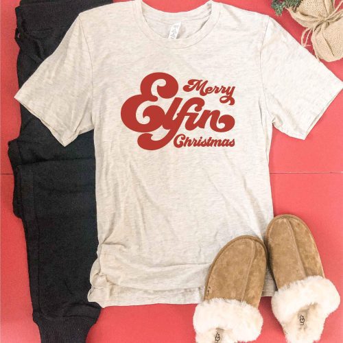 merry elfin christmas tee short sleeve holiday tee bella canvas 3001 oatmeal 208598