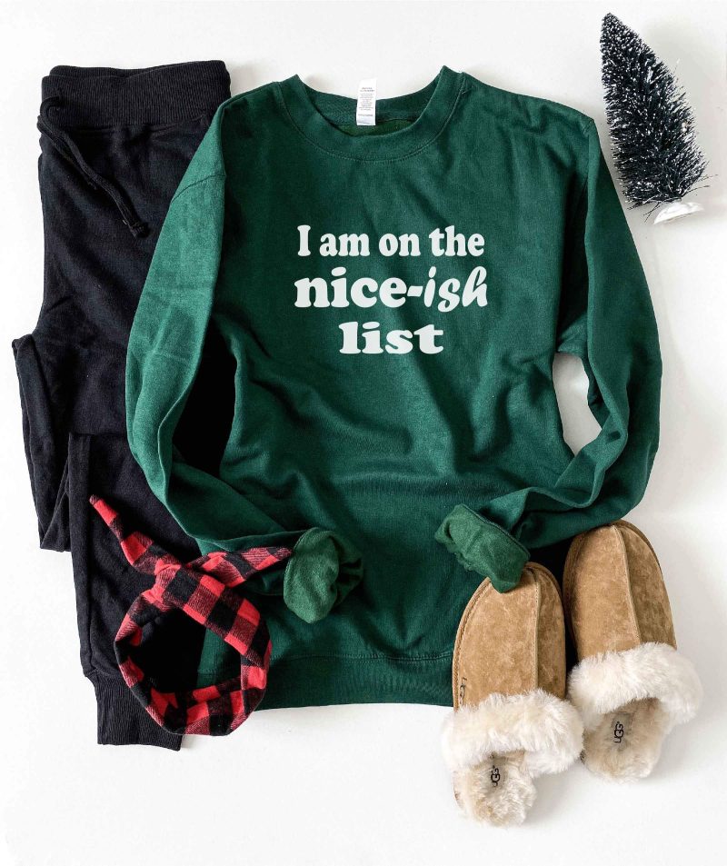 Nice-ish list sweatshirt Holiday French Terry raglan Lane seven unisex sweatshirt S Forest green