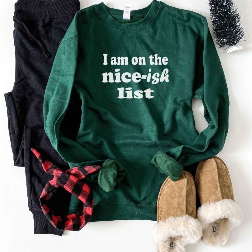 Nice-ish list sweatshirt Holiday French Terry raglan Lane seven unisex sweatshirt S Forest green