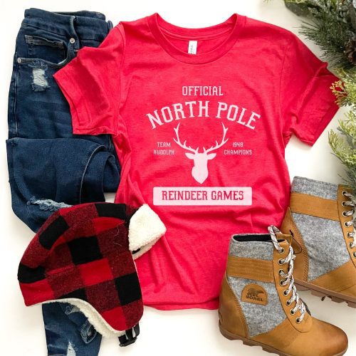 North Pole tee Short sleeve holiday tee Bella canvas 3001 heather red