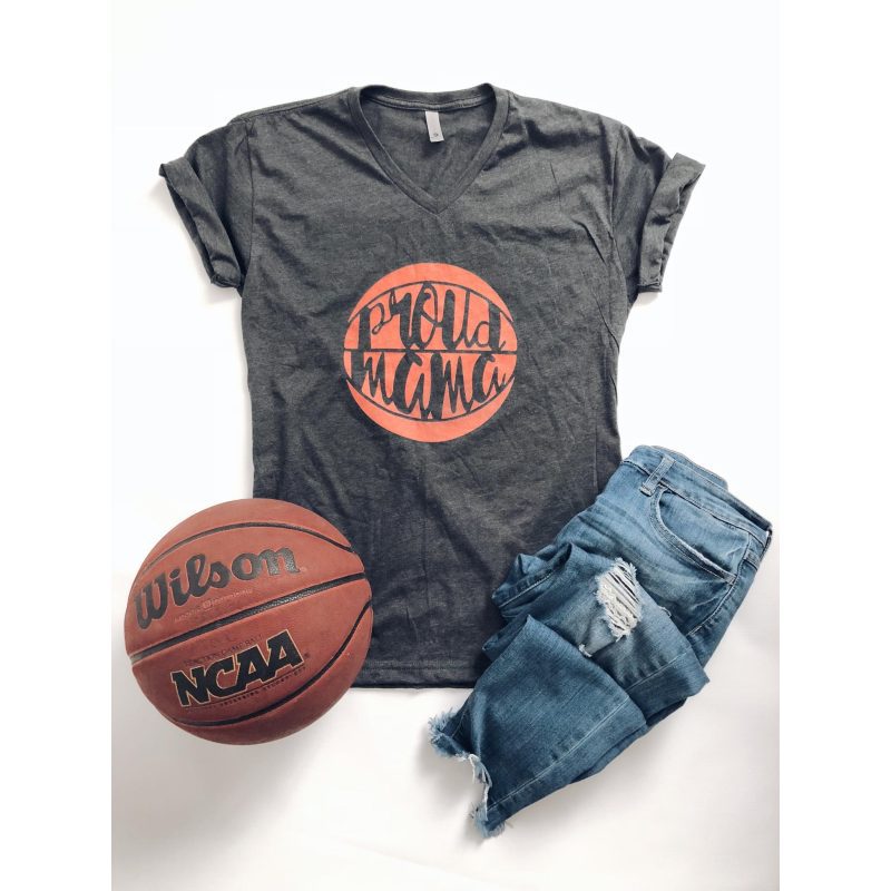 proud mama basketball grey v neck short sleeve mom tee bella canvas vneck dark heather grey 127336