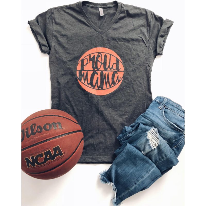 proud mama basketball grey v neck short sleeve mom tee bella canvas vneck dark heather grey 515126