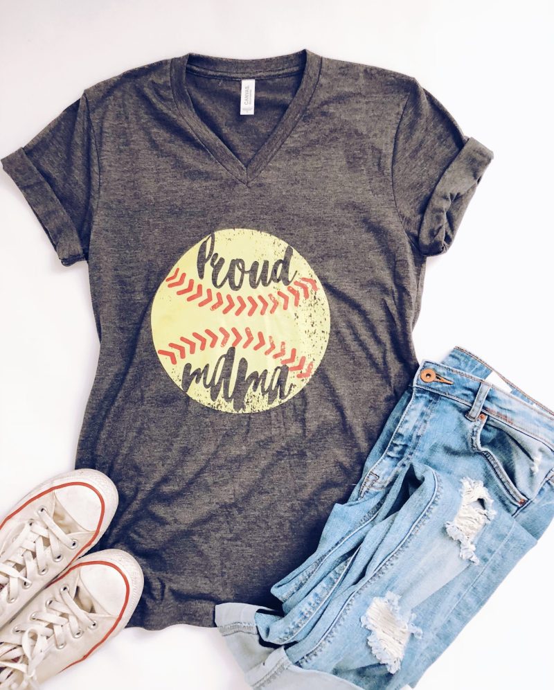 proud mama softball short sleeve mom tee bella canvas 3005 dark heather grey 940555