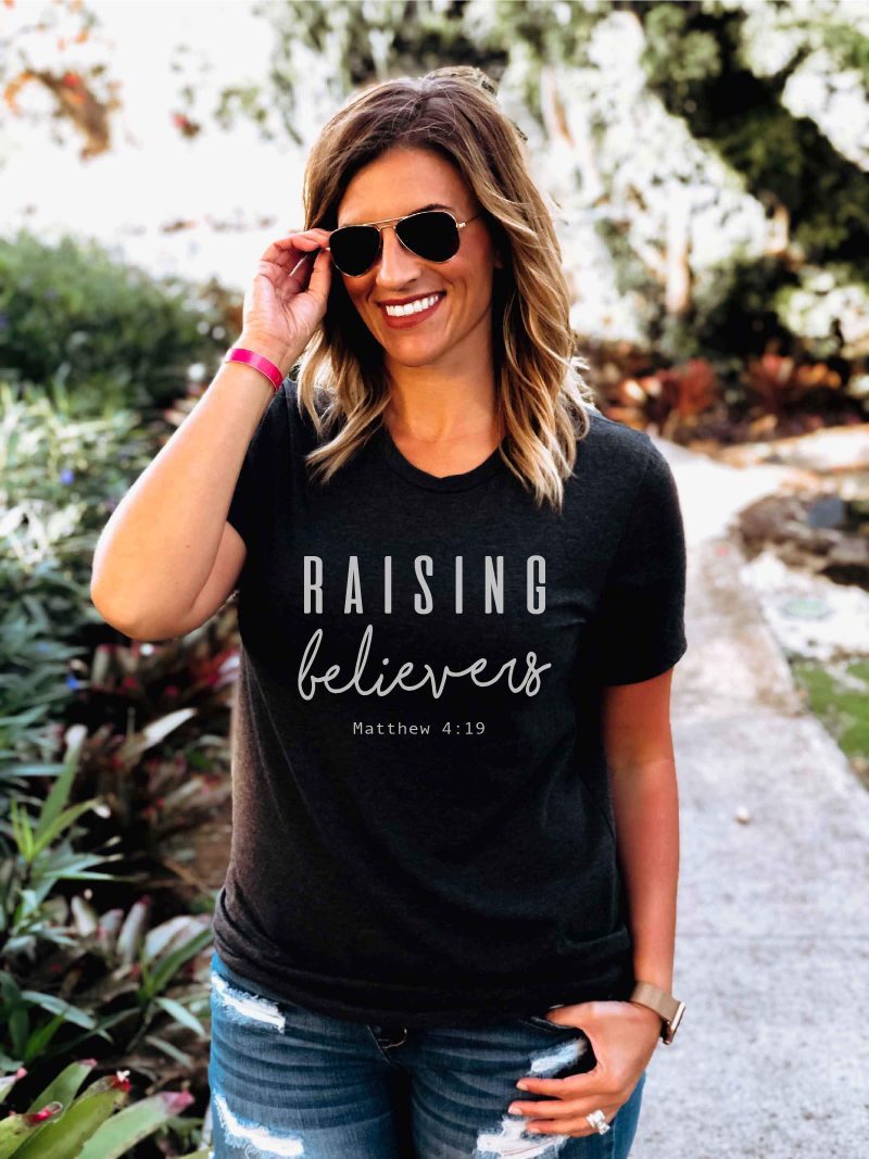 raising believers tee short sleeve faith based tee bella canvas 3001 black 440958