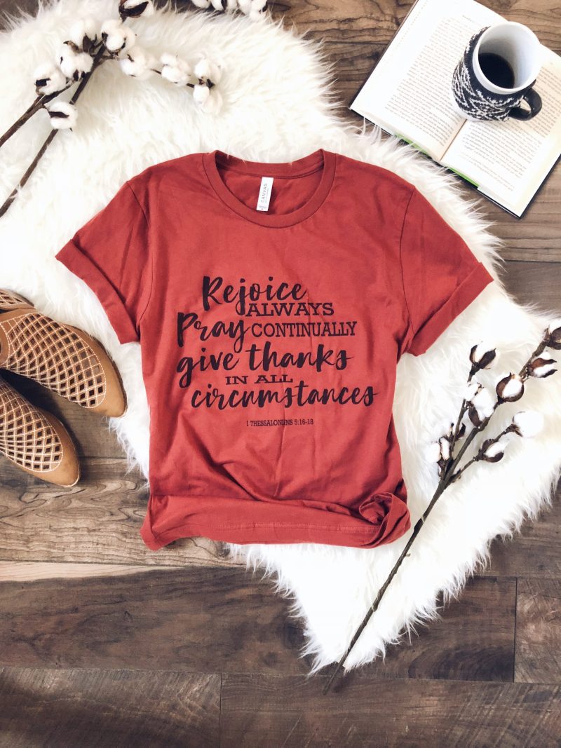 rejoice always short sleeve fall tee bella canvas 3001 rust 443260