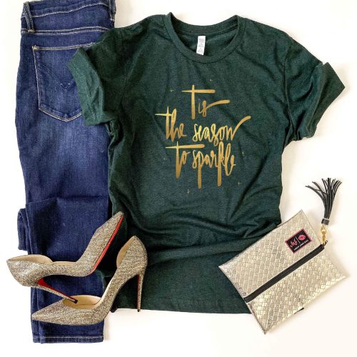 Tis the season to sparkle tee Short sleeve holiday tee Bella Canvas 3001 XS Heather emerald