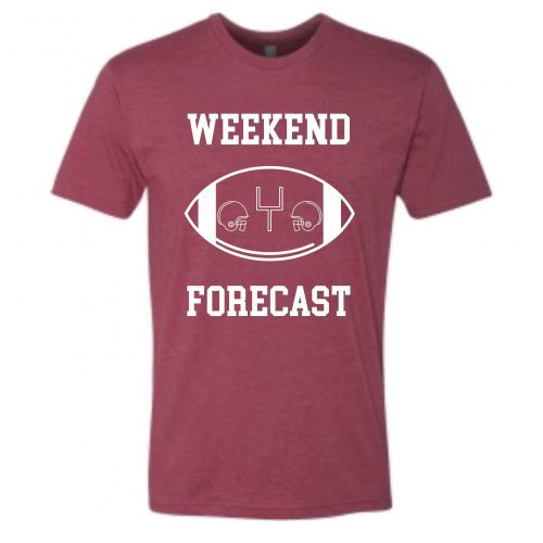 Weekend Forecast football tee Short sleeve football tee Bella canvas and Next Level M Crimson(Alabama) 