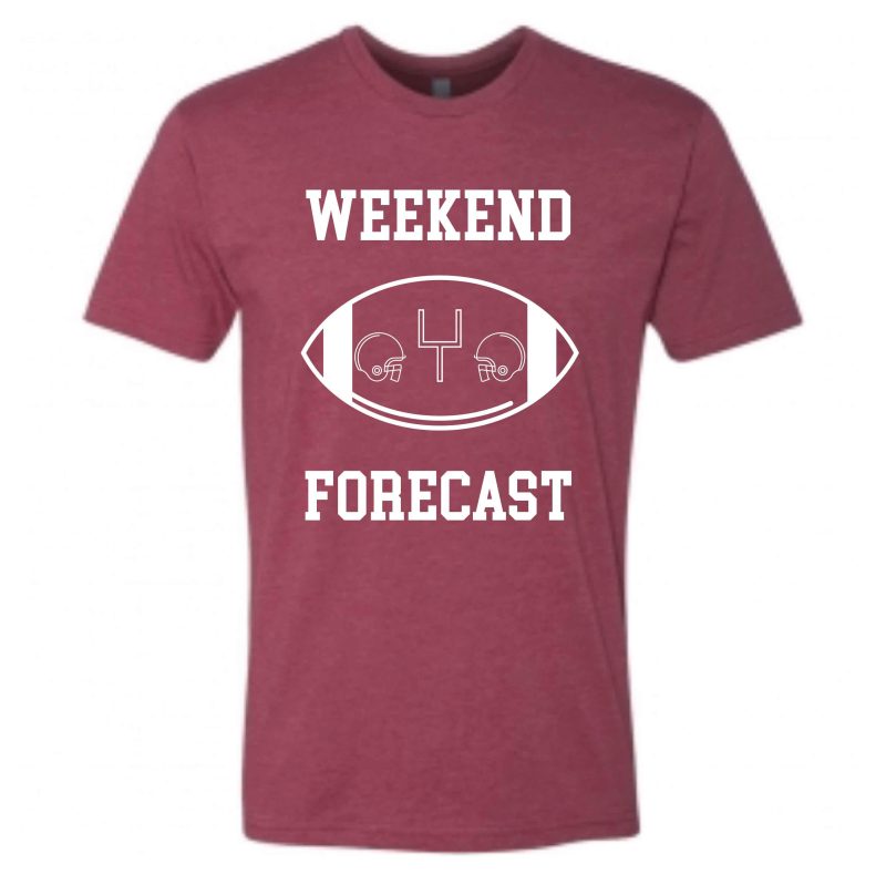 Weekend Forecast football tee Short sleeve football tee Bella canvas and Next Level M Crimson(Alabama)