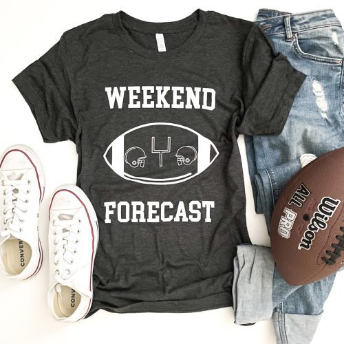 Weekend Forecast football tee Short sleeve football tee Bella canvas and Next Level S Charcoal