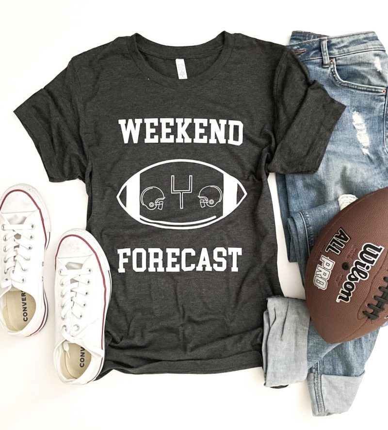 Weekend Forecast football tee Short sleeve football tee Bella canvas and Next Level S Charcoal