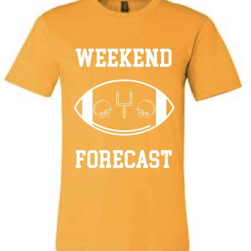 Weekend Forecast Short sleeve football tee Bella canvas and Next Level S Gold 