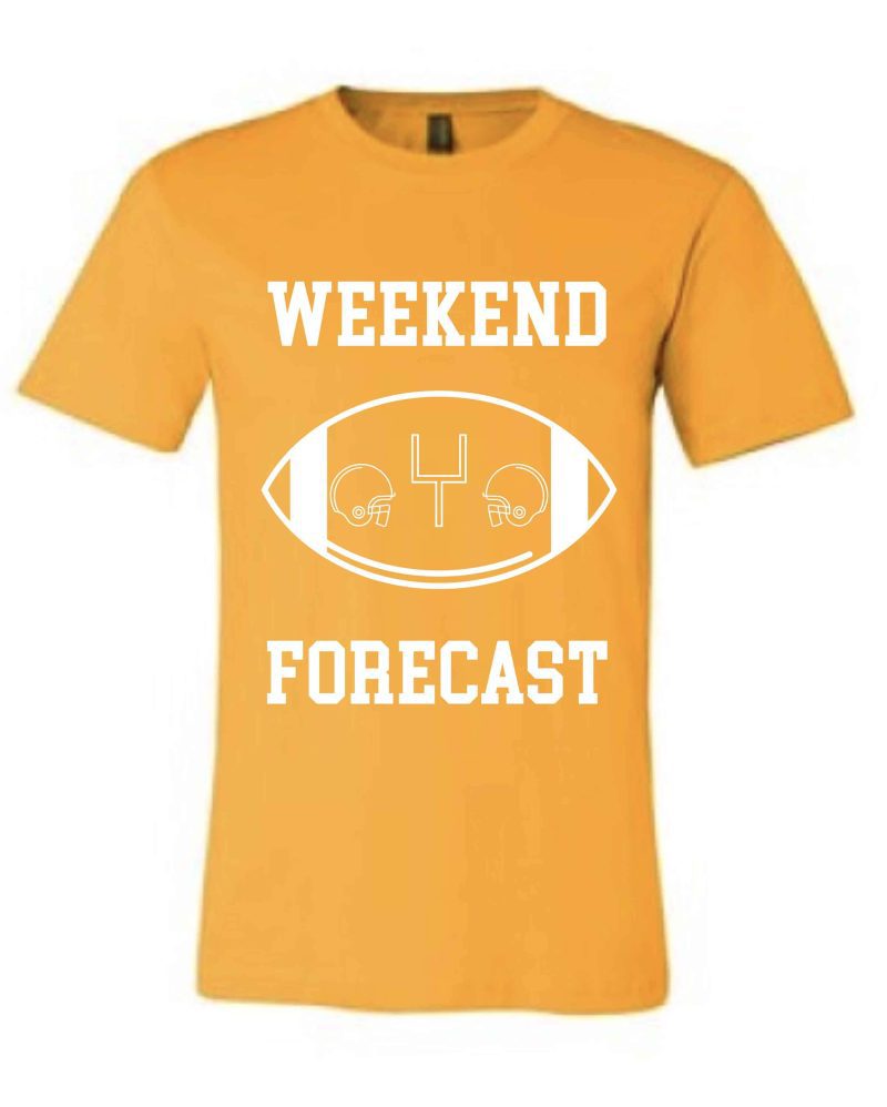 Weekend Forecast Short sleeve football tee Bella canvas and Next Level S Gold