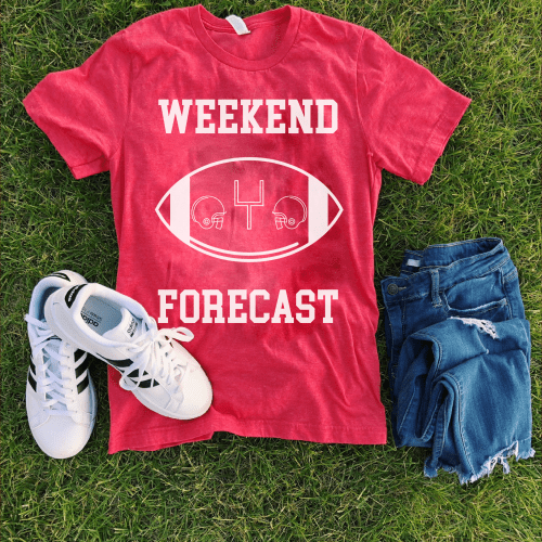 Weekend Forecast Short sleeve football tee Bella canvas and Next Level S Heather red 