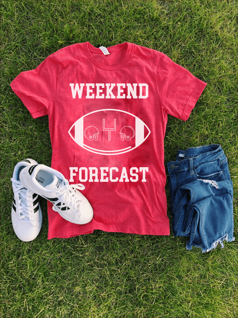 Weekend Forecast Short sleeve football tee Bella canvas and Next Level S Heather red