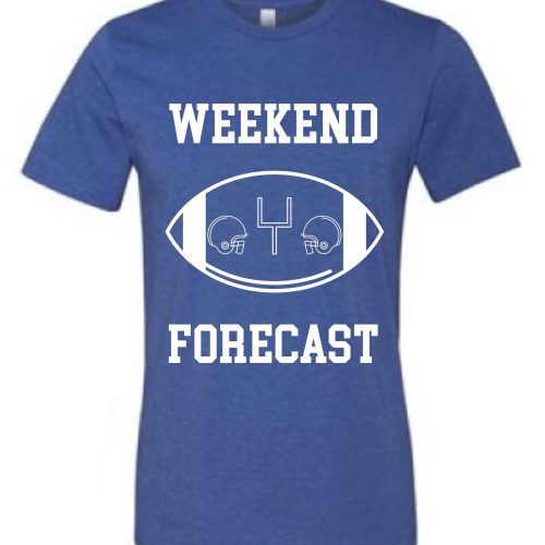 Weekend Forecast Short sleeve football tee Bella canvas and Next Level S Heather Royal Blue 