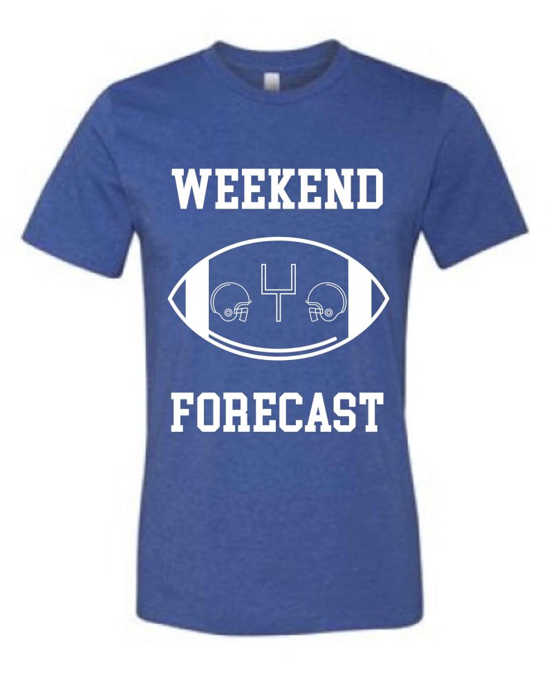 Weekend Forecast Short sleeve football tee Bella canvas and Next Level S Heather Royal Blue