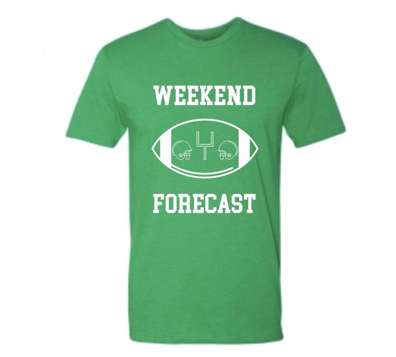 Weekend Forecast Short sleeve football tee Bella canvas and Next Level S Kelly Green