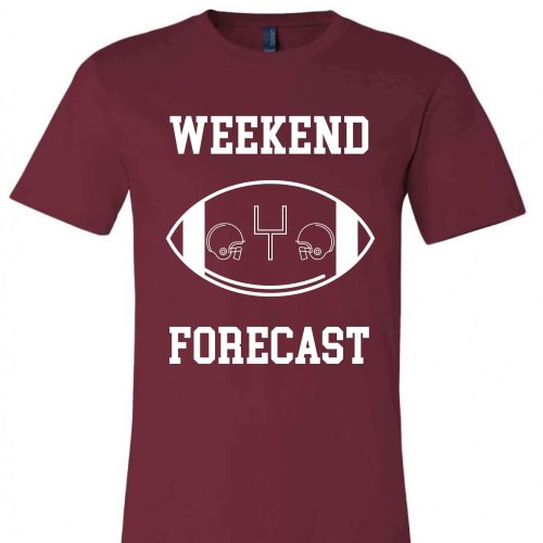 Weekend Forecast Short sleeve football tee Bella canvas and Next Level S Maroon 